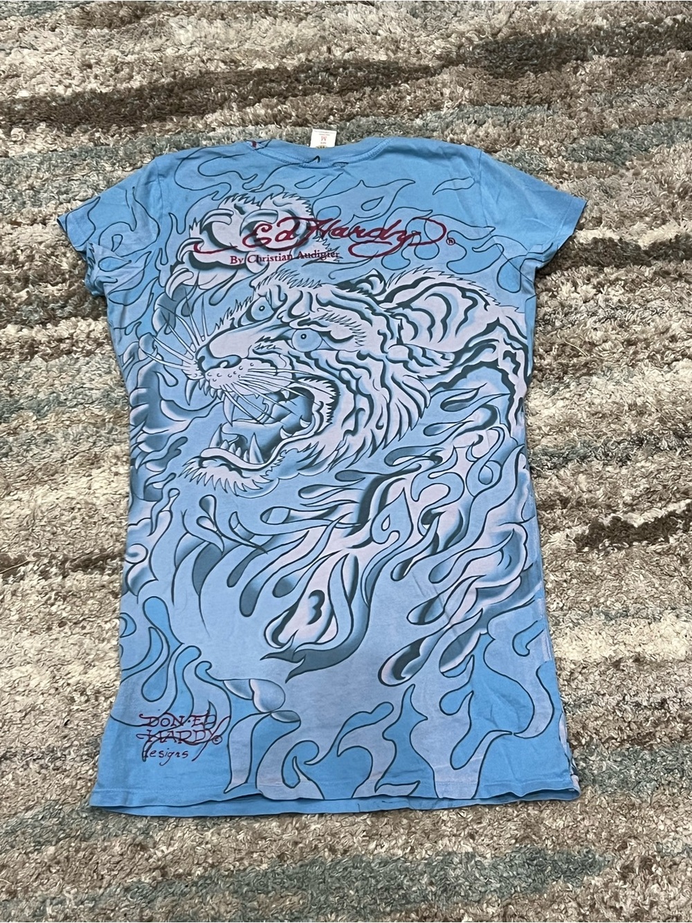 Blue Graphic Tiger Tee with Flame Artwork y2k Ed hardy skinny t-shirt top sz m - Picture 7 of 11